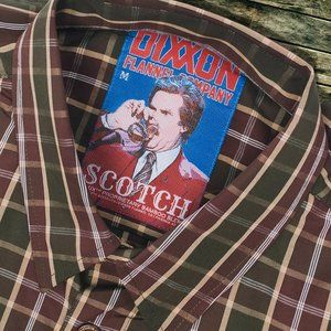 NWT Dixxon Flannel Scotch Ron Burgundy Anchorman Brown Green Plaid Bamboo Shirt